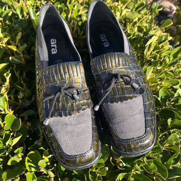 NWOT - Ara - Kiltie - Loafer Black & Green Gray Leather Alligator Print - Size 9 - Picture 9 of 12
